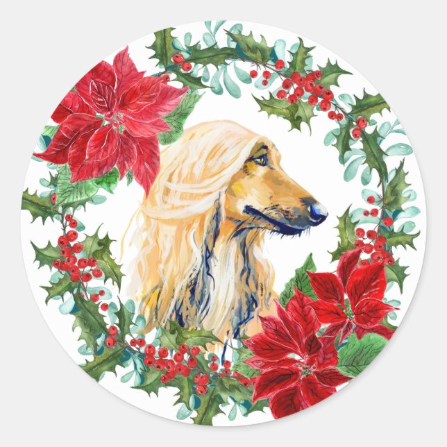 Sticker Rond Aquarelle Hound Afghanistan Poinsettia Vacances Wr (Devant)