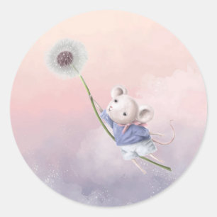 Sticker Rond Aquarelle Imaginaire mignon Souris Dandelion Flyin