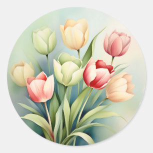 Sticker Rond Aquarelle Jardin Tulipe Sur Sage Green