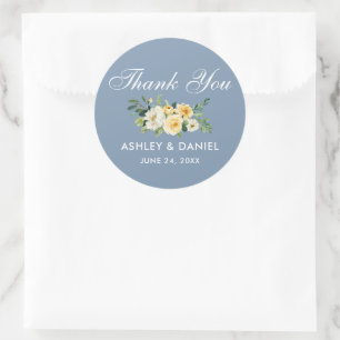 Sticker Rond Aquarelle Jaune Blanc Floral Dusty Blue Mariage
