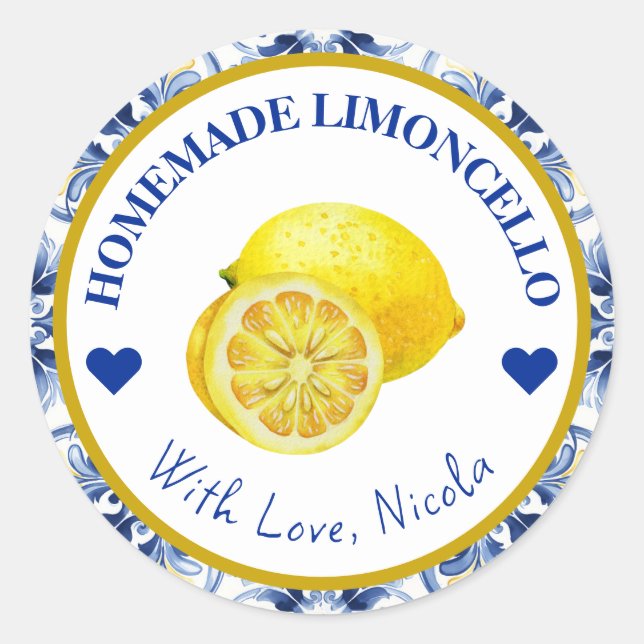 Sticker Rond Aquarelle jaune et bleu Limoncello fait maison (Devant)