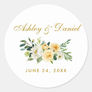 Sticker Rond Aquarelle Jaune Or Blanc Floral Mariage