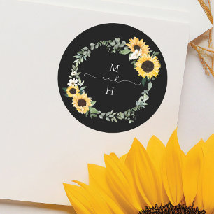 Sticker Rond Aquarelle jaune Tournesol Pays Mariage de couronne