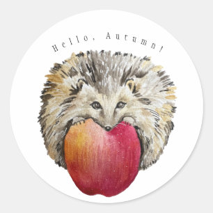 Sticker Rond Aquarelle joli hérisson et pomme