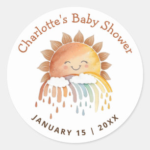 Sticker Rond Aquarelle Joyeux Baby shower de soleil Jaune