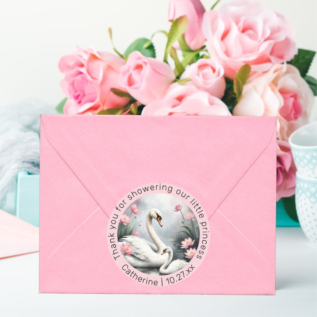 Sticker Rond Aquarelle Lac de Swan Lotus rose Baby shower Flora (Créateur téléchargé)