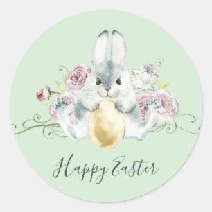 Sticker Rond Aquarelle Lapin & Fleurs Pâques