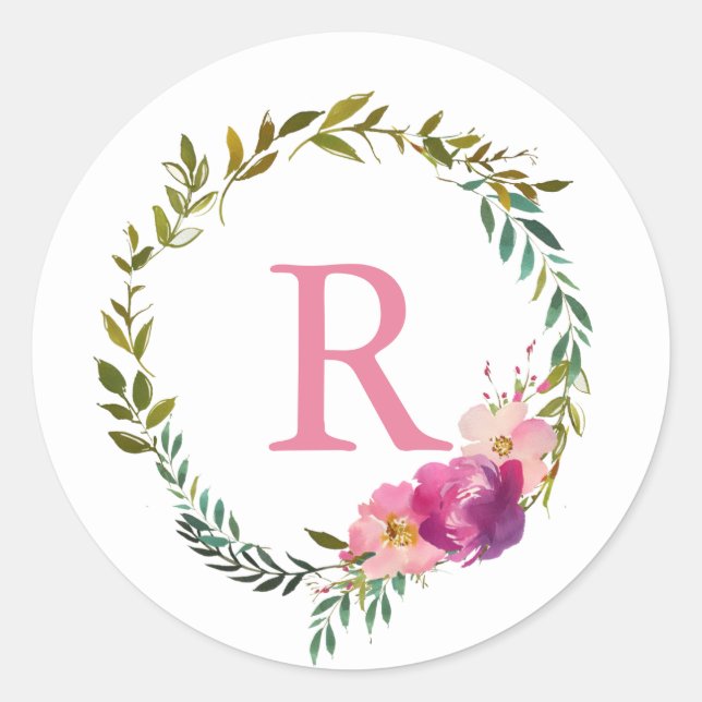 Sticker Rond Aquarelle Laurel et couronne de monogramme rose Fl (Devant)