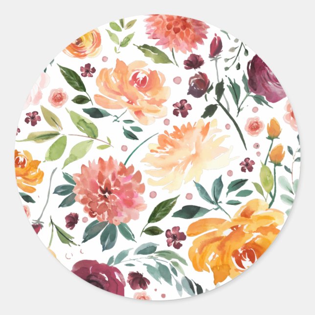 Sticker Rond Aquarelle L'automne fleurit Motif Floral (Devant)