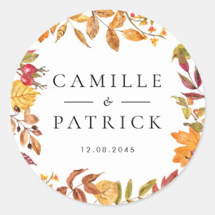 Sticker Rond Aquarelle L'automne laisse le Mariage de couronne