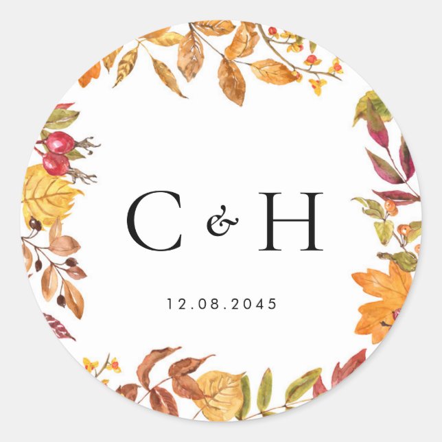 Sticker Rond Aquarelle L'automne laisse le Mariage de la couron (Devant)