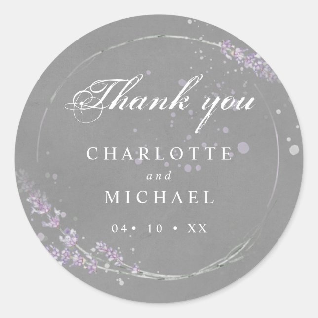 Sticker Rond Aquarelle lavande fleurs gris mariage merci (Devant)