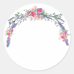 Sticker Rond Aquarelle Lavande rose Rose sauvage et Eucalyptus