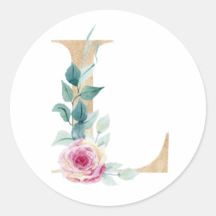 Sticker Rond Aquarelle lettre L avec rose