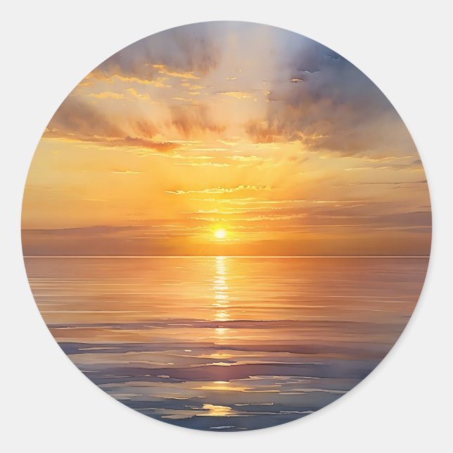 Sticker Rond Aquarelle Lever de soleil sur mer calme (Devant)