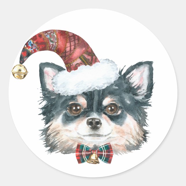 Sticker Rond Aquarelle Long Haired Chihuahua Père Noël Noël (Devant)