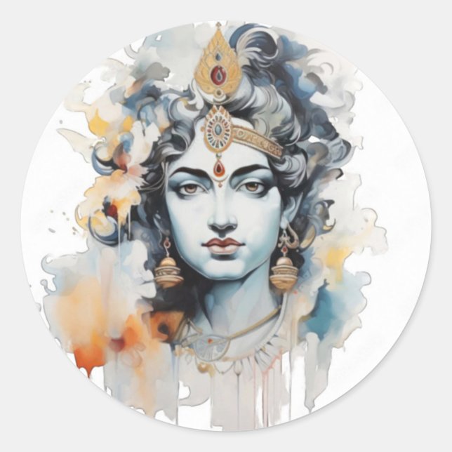 Sticker Rond Aquarelle Lord Krishna face (Devant)