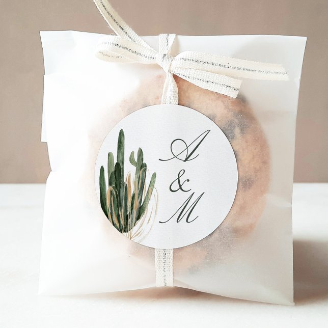Sticker Rond Aquarelle luxuriante Cactus du désert Monogramme (Créateur téléchargé)