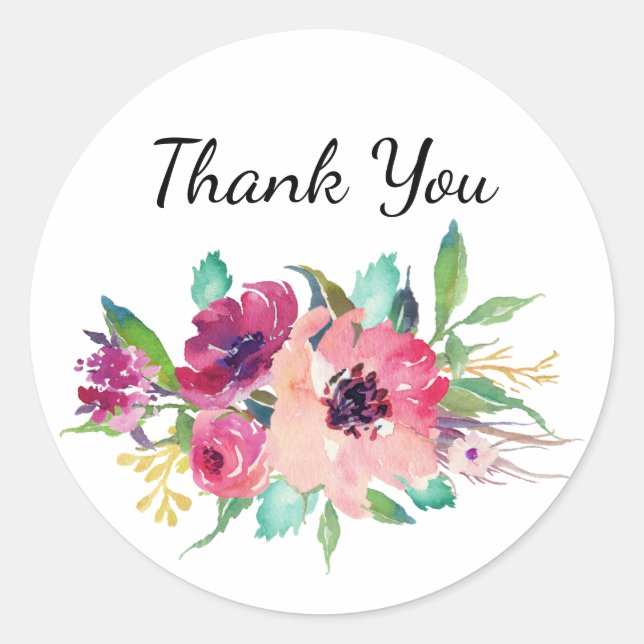 Sticker Rond Aquarelle magenta et rose Merci Floral (Devant)