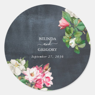 Sticker Rond Aquarelle Magnolia Fleurs Mariage Noir Blanc