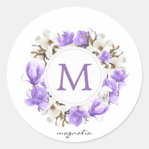 Sticker Rond Aquarelle Magnolia pourpre Monogramme de couronne