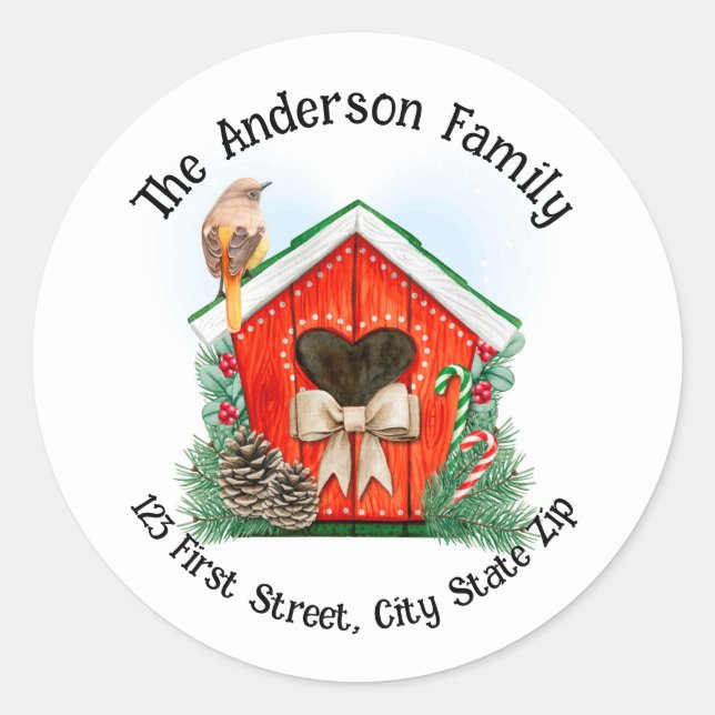 Sticker Rond Aquarelle Maison d'oiseaux de Noël (Devant)