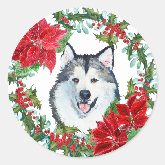 Sticker Rond Aquarelle Malamute Chien Poinsettia Vacances Wreat (Devant)