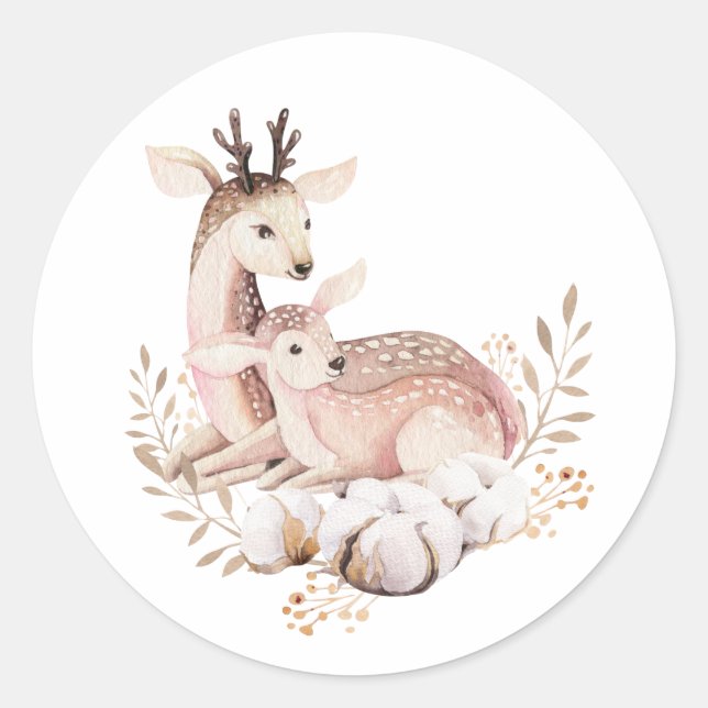 Sticker Rond Aquarelle maman et bébé cerf Wreath Woodland (Devant)