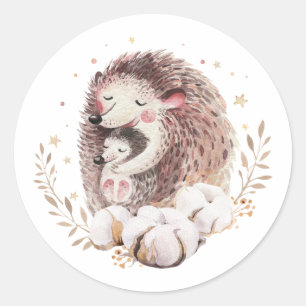 Sticker Rond Aquarelle maman et bébé Hérisson Woodland