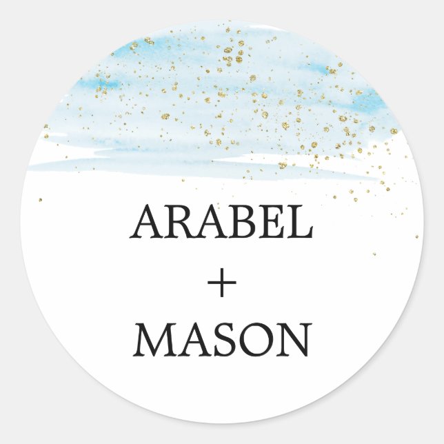 Sticker Rond Aquarelle Mariage bleu et or (Devant)