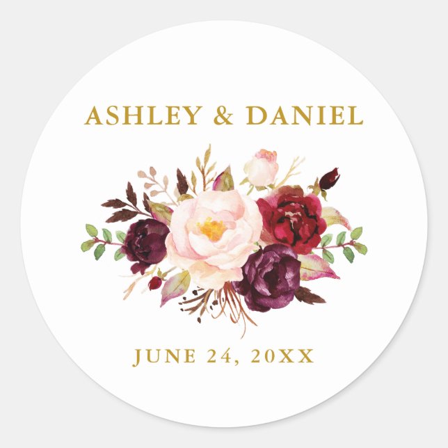 Sticker Rond Aquarelle mariage Bourgogne Floral Or (Devant)