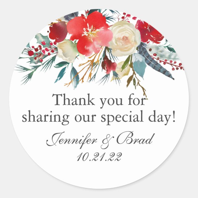 Sticker Rond Aquarelle Mariage hiver Rouge Floral Merci (Devant)