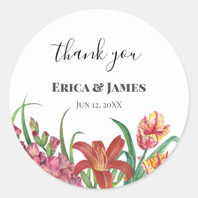 Sticker Rond Aquarelle mariage Lumineuse Gladioli Tulips Lily (Devant)