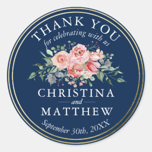 Sticker Rond Aquarelle Marine bleu Floral Mariage or Merci