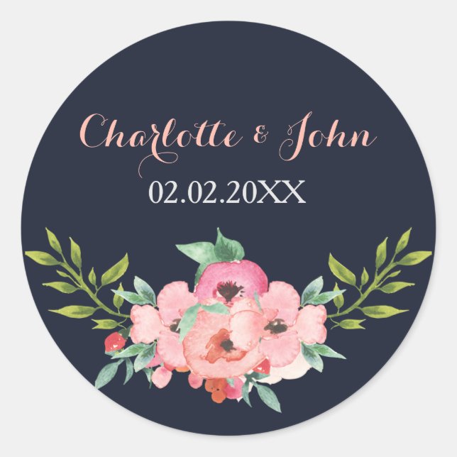 Sticker Rond Aquarelle Marine Blush Floral Mariage élégant (Devant)