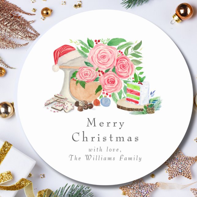 Sticker Rond Aquarelle Mélange Noël Avec Desserts De Vacances (Créateur téléchargé)