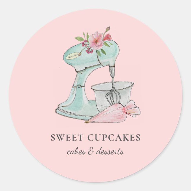 Sticker Rond Aquarelle Mélangeur de gâteau & sac de tuyauterie  (Devant)
