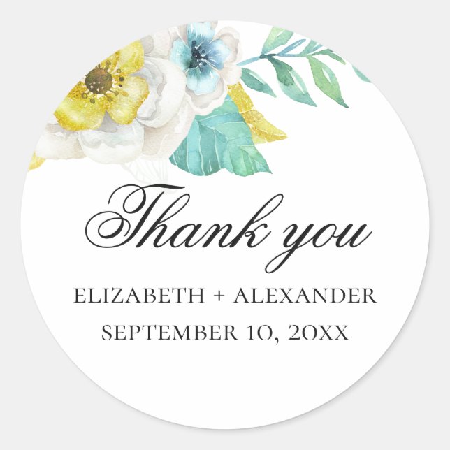 Sticker Rond Aquarelle menthe jaune mariage floral merci (Devant)