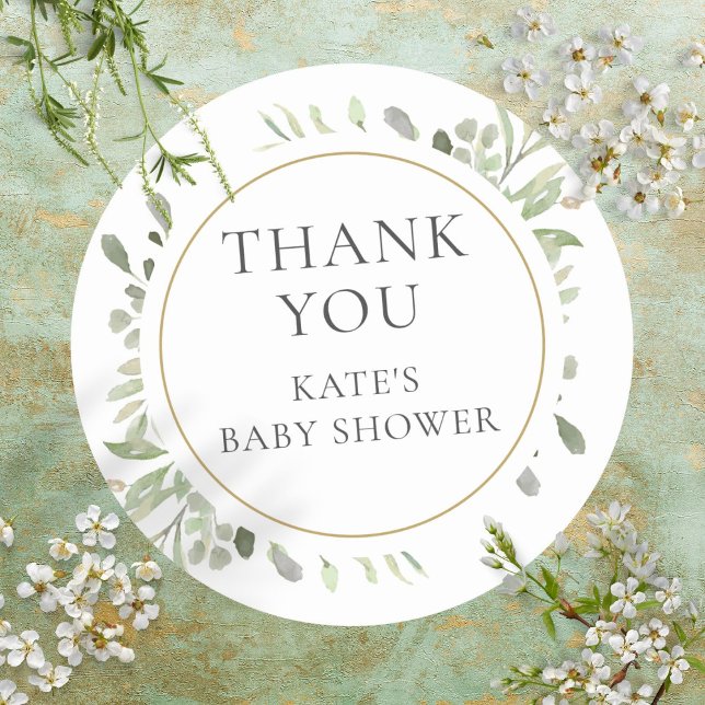 Sticker Rond Aquarelle Merci de Baby shower vert (Watercolour Greenery Baby Shower Thank You Classic Round Sticker)