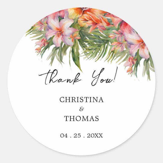 Sticker Rond Aquarelle Merci Mariage tropical (Devant)