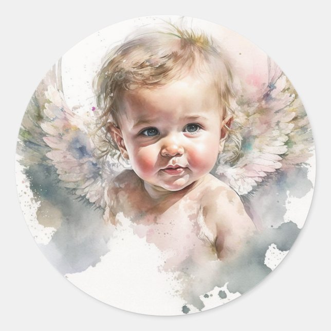 Sticker Rond Aquarelle mignonne Angel Baby Baptême (Devant)
