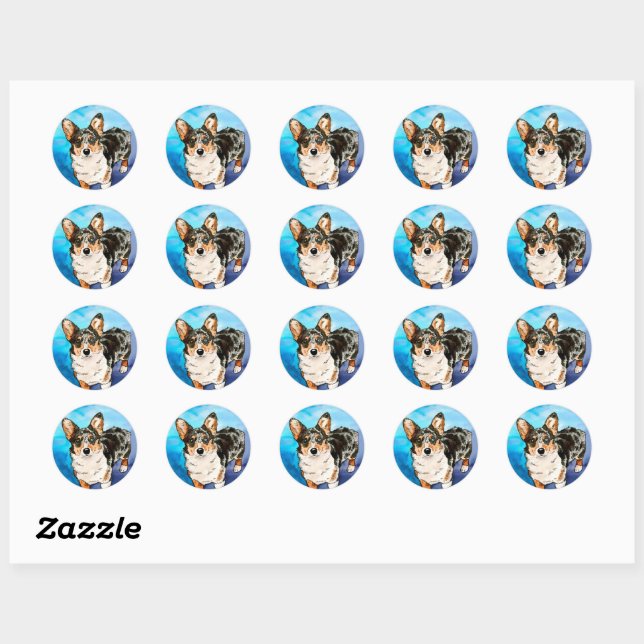 Sticker Rond Aquarelle mignonne Cardigan Welsh Corgi Puppy (Feuille)