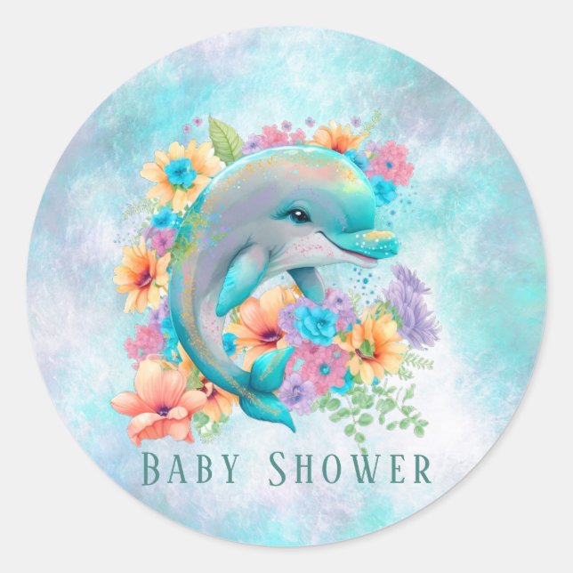 Sticker Rond Aquarelle mignonne Dauphin et Baby shower de fleur (Devant)