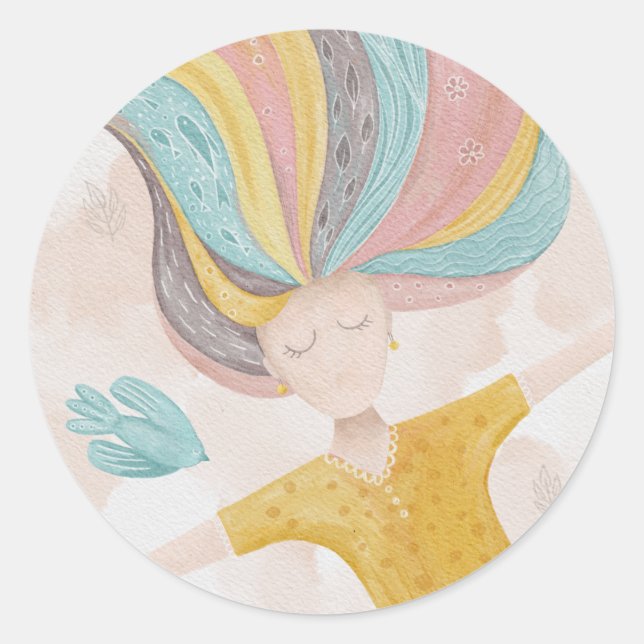 Sticker Rond Aquarelle mignonne fille de dessin animé. Imaginai (Devant)