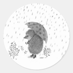 Sticker Rond Aquarelle mignonne Hérisson Rainy Day Whimsical
