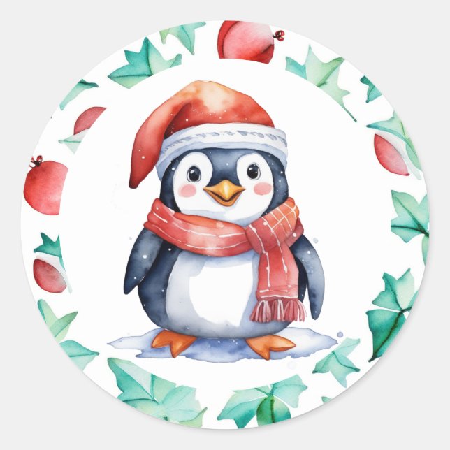 Sticker Rond Aquarelle mignonne Noël Pingouin vacances (Devant)