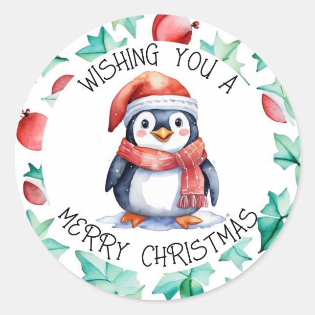 Sticker Rond Aquarelle mignonne Noël Pingouin vacances (Devant)