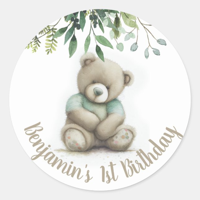 Sticker Rond Aquarelle mignonne Ours En Teddy Feuilles N'import (Devant)