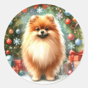 Sticker Rond Aquarelle mignonne Pomeranienne Noël festif