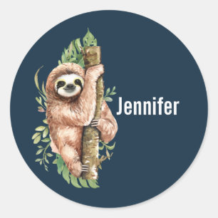 Sticker Rond Aquarelle mignonne Sloth & Feuilles tropicaux